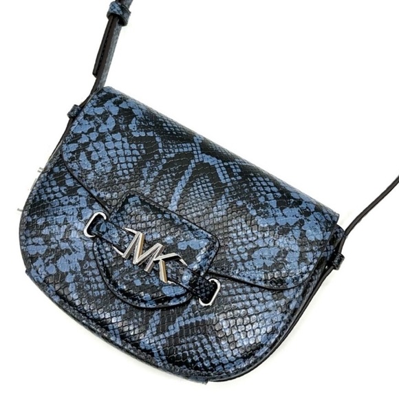 Michael Kors Small Reed Leather Saddle Crossbody Bag Snakeskin Denim - Picture 1 of 11